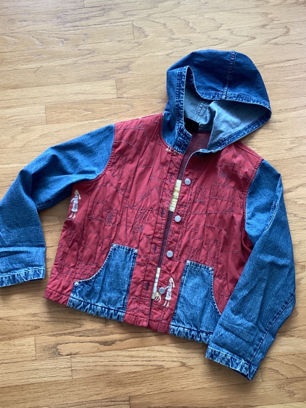 Hooded Red and Denim Patchwork Jacket